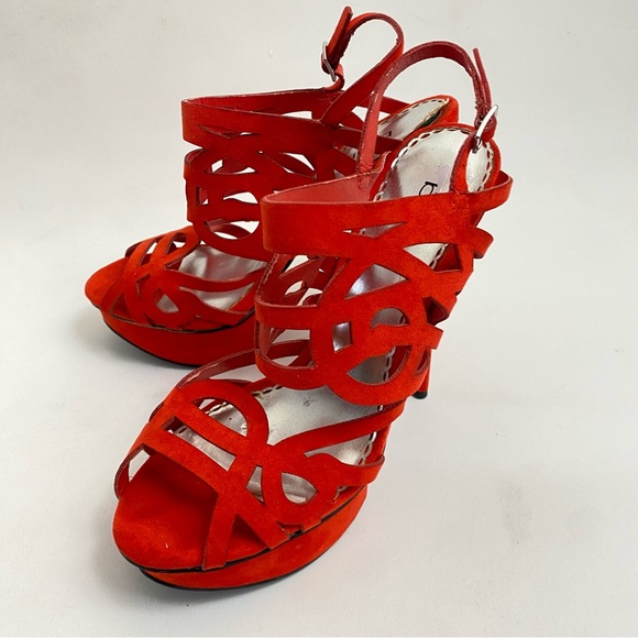 BEBE Red Platform Heeled Sandals Pumps 7 M Open Toe Ankle Strap Heels Stiletto - Picture 10 of 14